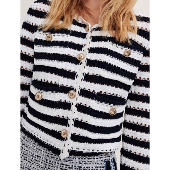 Maje Striped Crochet-Effect Cardigan Navy Ecru - Picture 5 of 16